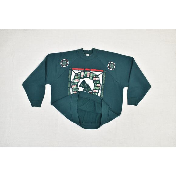 Vintage Fruit of the Loom Christmas Sweatshirt Plus Size XL Green W/ Stain - Picture 3 of 8